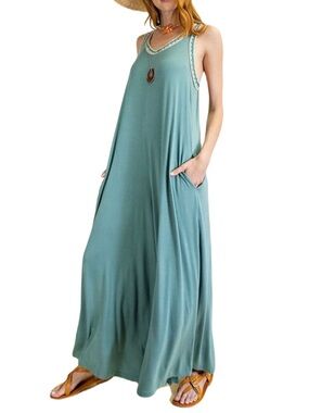 easel Sleeveless Big Love Turkish Blue Wide Leg Jumpsuit with Crochet Trim L